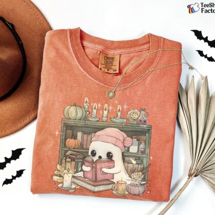 Cute Ghost Halloween Shirt, Ghost Reading Book Shirt, Bookish Halloween Shirt, Halloween Library Shirt - Image 3