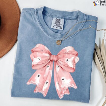 Coquette Pink Bow Ghost Shirts, Pink Coquette Halloween Shirt, Pink Spooky Vibes Shirts, Halloween Shirt