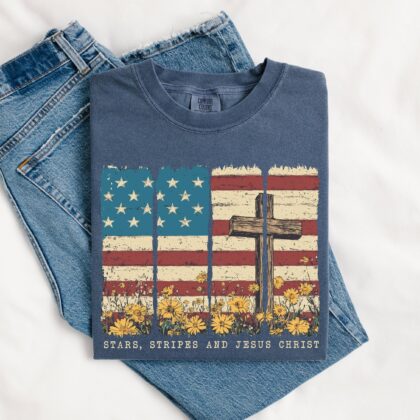 Alternative view of 4th Of July Shirt, Stars Stripes and Jesus Christ, American Jesus Shirt, Christian American Shirt