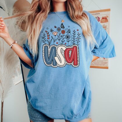 Floral USA Shirt, American Girl Shirt, Girly 4th of July Shirt, Patriotic Women Shirt