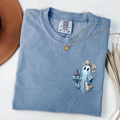 Alternative view of Patchwork Spooky Ghost T-Shirt, Cute Boo Ghost Coquette Shirt, Blue Ghost Shirt, Halloween Girl Shirt