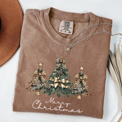 Merry Christmas Shirt, Christmas Tree Shirt, Leopard Coquette Bow Christmas Shirt, Womens Christmas Shirt