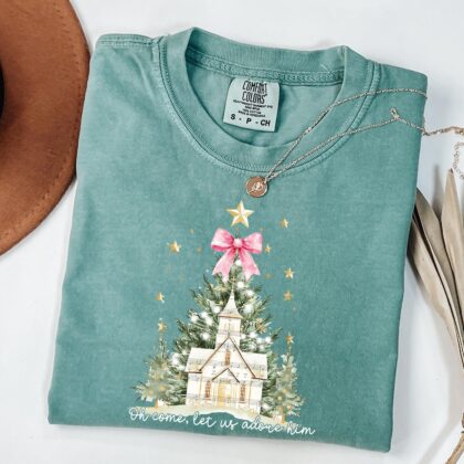 Christian Christmas Shirt, Oh Come Let Us Adore Him Shirt, Coquette Christmas Tree Shirt, Jesus Christmas Tee