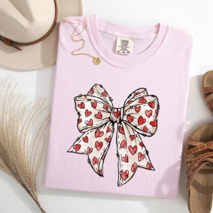 Alternative view of Coquette Valentine's Day Heart Bow Shirt, Retro Valentine Shirt, Valentines Day Bow Shirt, Coquette Bow Shirt