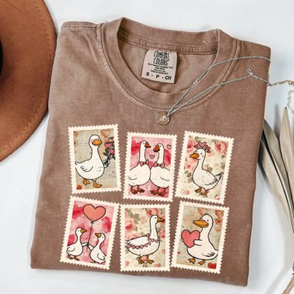 Funny Valentine Day Shirt, Valentine Day Gift, Valentine Goose Stamps Tee, Coquette Valentine Heart Shirt - Image 6