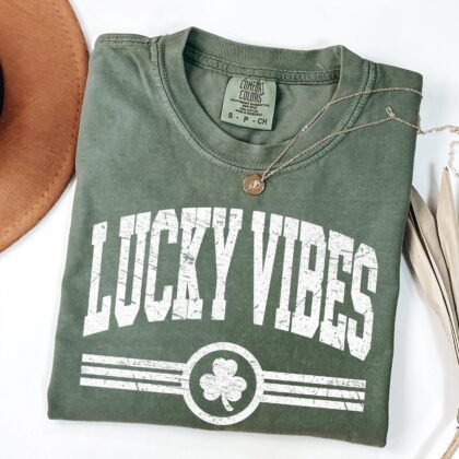 Alternative view of Lucky Vibes Shirt, Cute Shamrock Shirt, Retro St Patricks Day Shirt, Irish Lucky Day Shirt