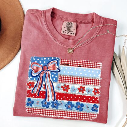 Alternative view of Coquette American Flag Shirt, 4th of July Shirt, Patriotic Bow Ditsy Floral, 4th of July Tee