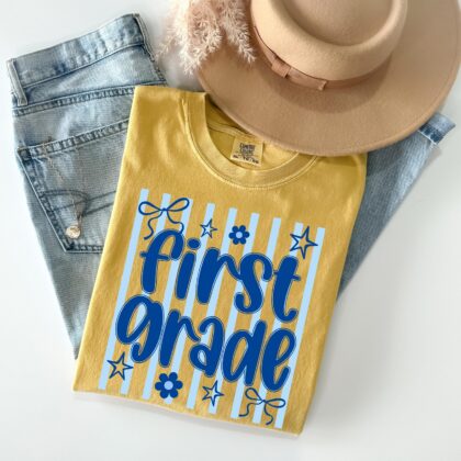 First Grade Teacher Shirt, Custom 1st Grade Matching Group T-Shirt Retro Wavy Stripes Educator Back to School Team Tee