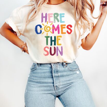Alternative view of Here Comes The Sun Shirt, Sunshine Graphic Tee, Retro Summer Shirt, Colorful Boho Sun Shirt