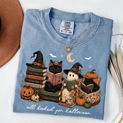 All Booked for Halloween Shirt, Ghost Reading Shirt, Spooky Book Lover Tee, Witchy Black Cat Halloween Tee