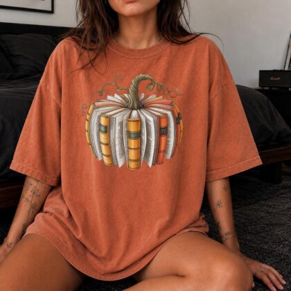 Alternative view of Pumpkin Book T-Shirt, Fall Book Pumpkin Shirt, Thanksgiving Book Reader Tee, Fall Bookish Shirt