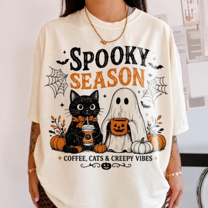 Spooky Season Shirt, Black Cat Ghost Halloween Tee, Coffee Cats Creepy Vibes Shirt, Cute Pumpkin Fall Graphic Tee