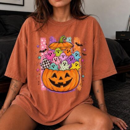 Spooky Season Shirt, Colorful Ghosts Tee, Halloween Pumpkin Shirt, Cute Jack O Lantern Shirt - Image 6