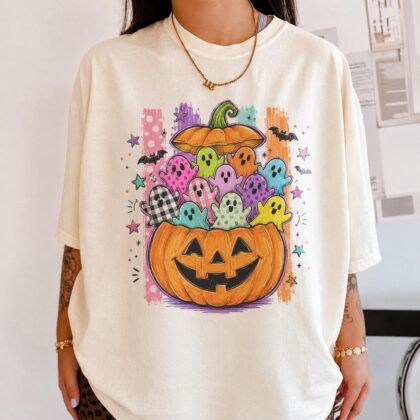 Spooky Season Shirt, Colorful Ghosts Tee, Halloween Pumpkin Shirt, Cute Jack O Lantern Shirt