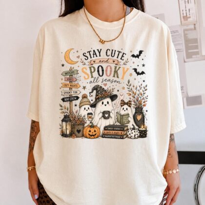 Spooky Season Bow Ghost Shirt, Coquette Ghost Halloween Tee, Cute Ghost Coffee Shirt, Fall Coffee Lover Gift for Women
