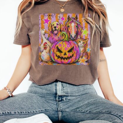 Horse Cat Chicken Duck Graphic Shirt, Colorful Pumpkin Animal Tee, Halloween T-shirt, Cute Spooky Season Tee - Image 8
