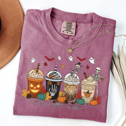 Alternative view of Skull Coffee Cup Tee, Coffee Cups T-shirt, Skeleton Coffee Cups Shirt, Skeleton Halloween Top