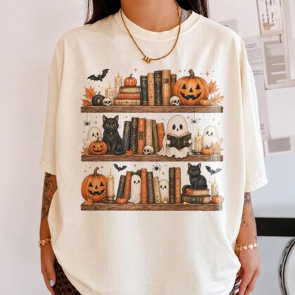 Ghost Black Cat Shirt, Spooky Book Lover Tee, Halloween Bookshelf Shirt, Bookish Halloween Gift