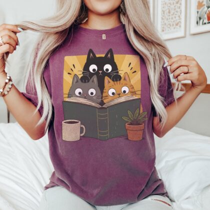 Book Lover Cat Shirt, Retro Curious Reading Cats Graphic Tee, Cozy Cottagecore Vintage Top, Reader Gift Tee - Image 7