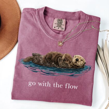 Cute Otter Tee, Sea Otter Lover Gift, Retro Go With The Flow Shirt, Retro Nature Graphic T-shirt