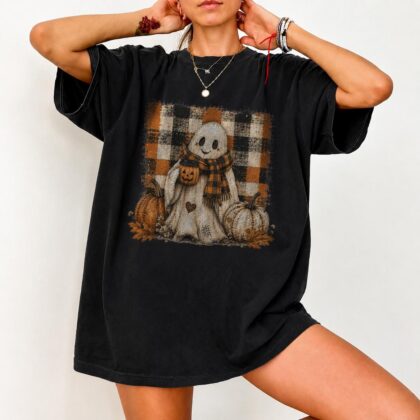 Alternative view of Cozy Spooky Season Top, Cute Halloween Ghost Tee, Fall Ghost Shirt, Buffalo Plaid Pumpkin Shirt