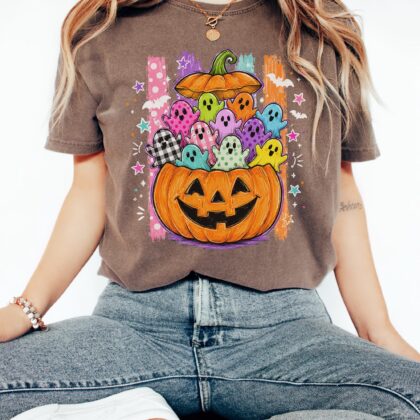 Spooky Season Shirt, Colorful Ghosts Tee, Halloween Pumpkin Shirt, Cute Jack O Lantern Shirt - Image 8
