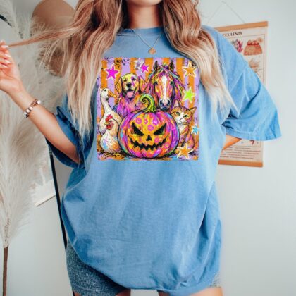 Horse Cat Chicken Duck Graphic Shirt, Colorful Pumpkin Animal Tee, Halloween T-shirt, Cute Spooky Season Tee - Image 3