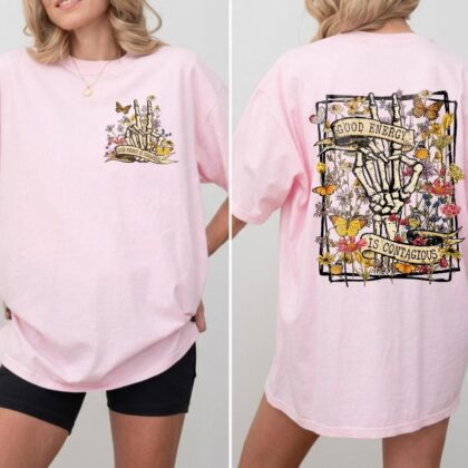 Alternative view of Skeleton Flower Shirt, Motivational Shirt, Good Energy is Contagious Tee, Skeleton Hand Shirt