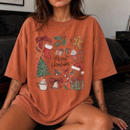 Holiday Doodle Shirt, Christmas Tree T-Shirt, Merry Christmas Shirt, Retro Christmas Graphic Tee - Image 6