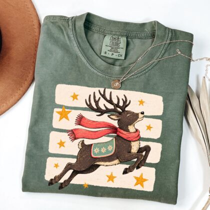 Cute Christmas Deer Tee, Retro Holiday Graphic Shirt, Retro Reindeer T-Shirt, Festive Winter Top