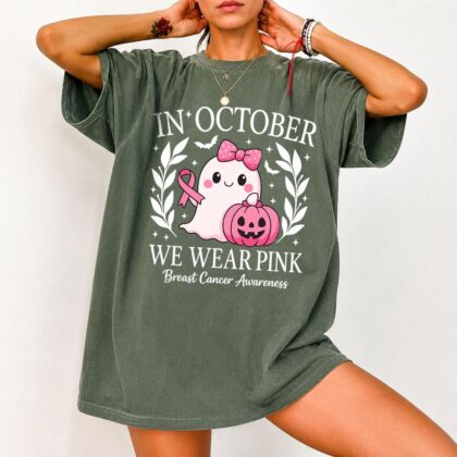 Halloween Ghost Tshirt, Breast Cancer Awareness Tee, In October We Wear Pink Ghost Shirt, Cancer Pink Ribbon Shirt gift
