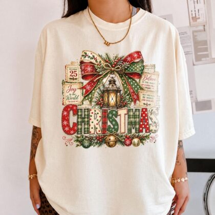 Christmas Bow T-Shirt, Holiday Graphic Shirt, Christmas Bell Shirt, Rustic Christmas Collage Tee