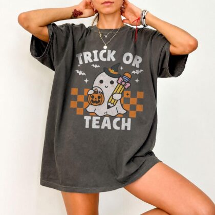 Cute Halloween Teacher T-Shirt, Halloween Teacher Shirt, Trick Or Teach Ghost Tee, Spooky Teacher Gift