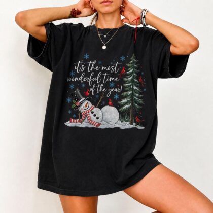 Alternative view of Christmas Time Shirt, Retro Christmas Tree Tee, Christmas Cozy Snowman It's The Most Wonderful Time Shirt, Holiday Shirt Tee