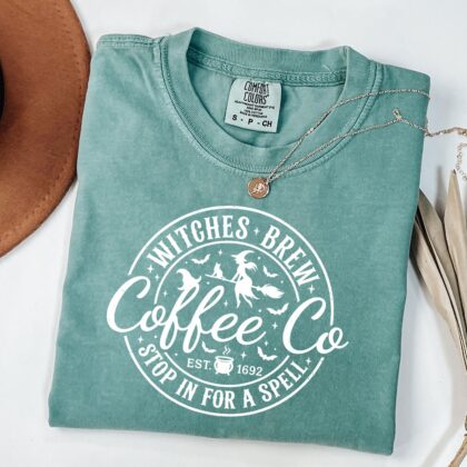 Cute Halloween Tee, Womens Coffee Lover Tshirt, Witches Brew Coffee Co Shirt, Halloween Witches Tee