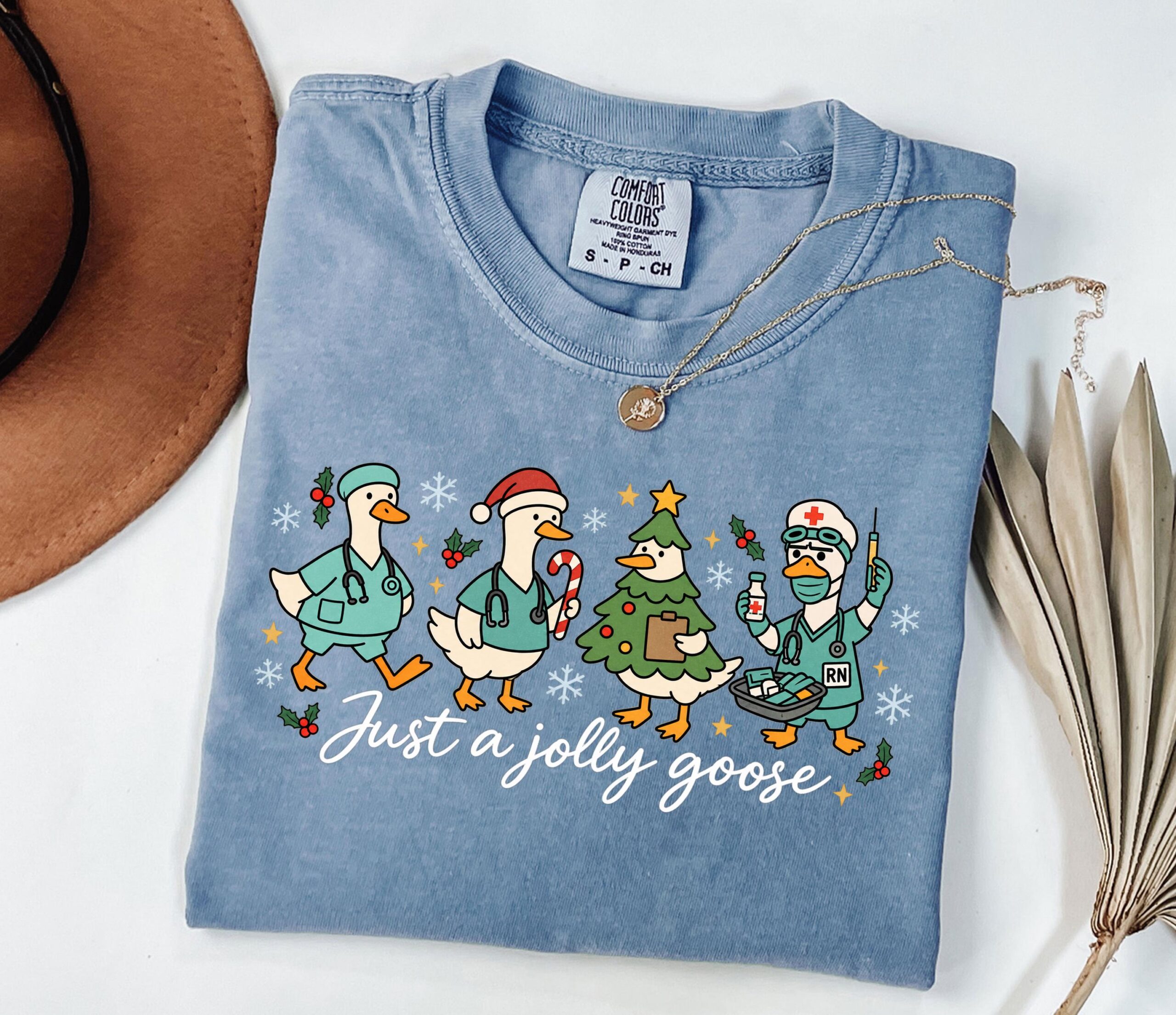 Just A Jolly Goose Tee, Funny Nurse Christmas T-Shirt, Christmas Nurse Goose Shirt, RN Holiday Gift - Image 3
