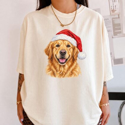 Santa Hat Dog Tee, Christmas Dog T-Shirt, Golden Retriever Christmas Shirt, Golden Retriever Holiday Gift