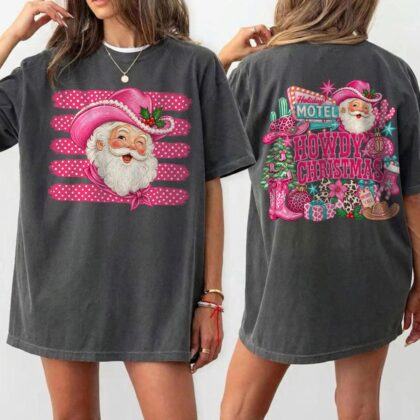 Howdy Christmas Cowboy Santa Tee, Western Christmas T-Shirt, Pink Christmas Shirt, Pink Cowgirl Holiday Gift